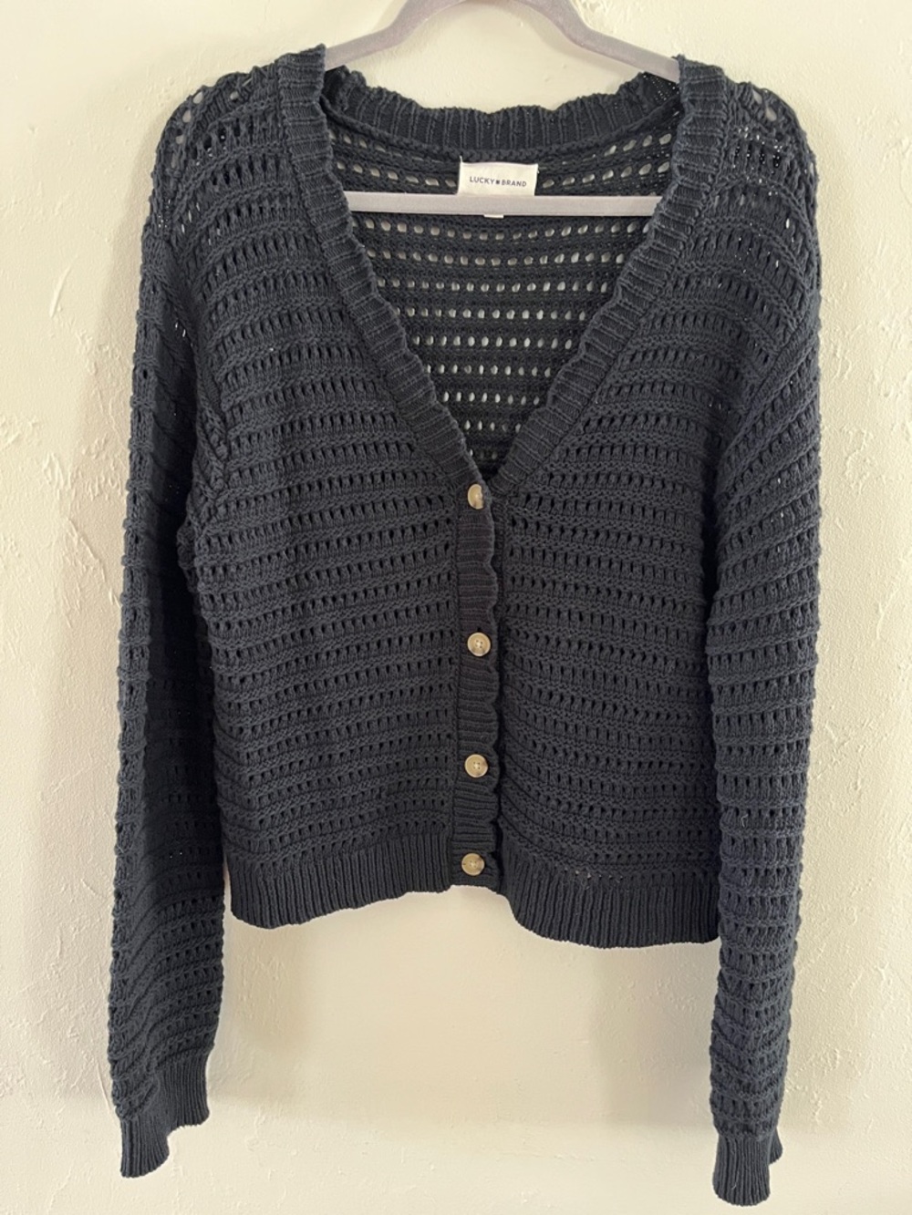 Black Open Knit Crochet Cardigan 100% Cotton Coastal Boho Whimsigoth Medium